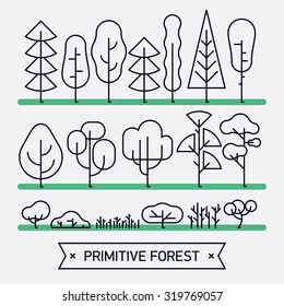 Beautiful and simple primitive forms flat line vector forest plats, trees, bushes and shrubs | Minimalistic linear nature design elements set