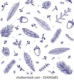 beautiful and simple seamless pattern with branch tree, fir, feather, pine, acorn