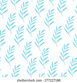 Beautiful simple seamless pattern and floral botanical background - blue leaf and branch hand drawn in watercolor style - vector illustration (isolated on white backdrop)