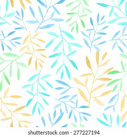 Beautiful simple seamless pattern and floral botanical background - blue leaf and branch hand drawn in watercolor style - vector illustration (isolated on white backdrop)
