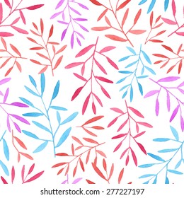 Beautiful simple seamless pattern and floral botanical background - bright colors leaf and branch hand drawn in watercolor style - vector illustration (isolated on white backdrop)