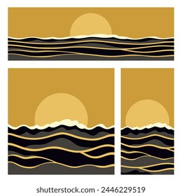 Hermosas tarjetas de playa simple ambientado en colores dorados y negros. Tres Relaciones de aspecto diferentes - ancho, cuadrado y Vertical