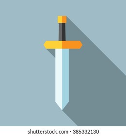 Beautiful simple sword with long shadow on gray background. Front view. Flat style design. EPS 8 vector illustration, no transparency