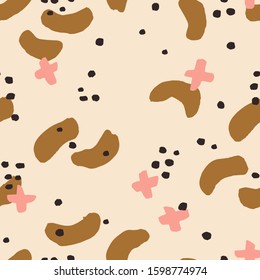 Beautiful simple texture with different abstract shapes. Vector seamless pattern with brush strokes in pastel color. Modern artistic background, perfect for fabric or wrapping paper design