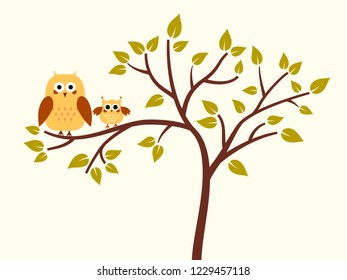 Beautiful simple tree with two owls sitting on a branch. Minimalist design style in black color. Ideal for children's room or as a template or background.