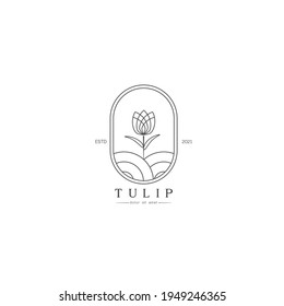 Beautiful Simple Tulip bud with leaves design for logo, Stylized image of Tulip bud logo template, Tulip line art minimal on white background Vector illustration