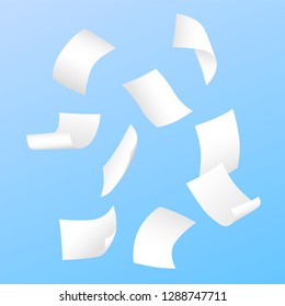 Beautiful simple vector of flying blank white papers on blue background.