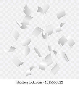 Beautiful simple vector of flying blank white papers on transparent background.