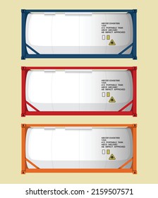 Beautiful simple vector set for infographic of white ISO Tank for liquid oil gas chemical fuel transportation with detail information on tank in Blue Red Orange color frame on light Yellow background 