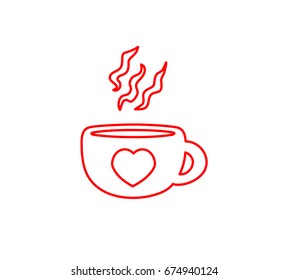 Beautiful simplistic hand drawn sign of a coffee cup with fresh aroma, heart pictogram, & fat handle, abstract ceramic dish symbol, artistic picto graphic, stroke style eps 10 icon clip art from a set