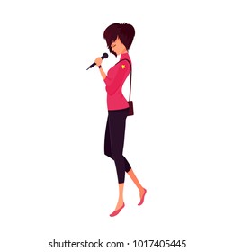 Beautiful simply woman, girl with microphone, vector flat cartoon illustration isolated on white background