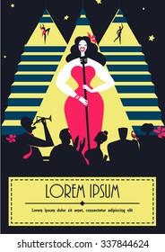 Beautiful singer on the scene. Flat design and vintage colors.