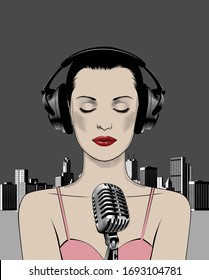 Beautiful Singer standing against the background of a modern city with a microphone. Avatar of a young beautiful woman. Vintage engraving stylized drawing. Vector illustration.