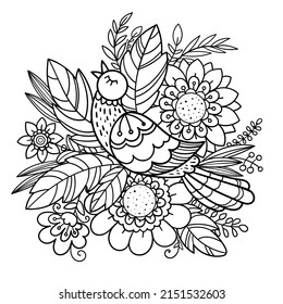 Beautiful singing bird, flowers and leaves. Doodle style.Black and white contour line drawing. For the design of antistress coloring books, prints, posters, tattoos and so on. Vector