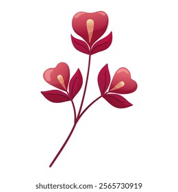 Beautiful single branch with bright pink flowers isolated on white background. Vector botanical element for Valentine s Day. Perfect for romantic cards, logo, decorations, spring and summer designs.