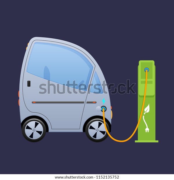 Beautiful single-seat electric vehicle,\
automobile near city\'s charging ecology electric station with\
eco-fuel. Movement on an electric ecological mode of transport,\
car, machine. Vector\
illustration.
