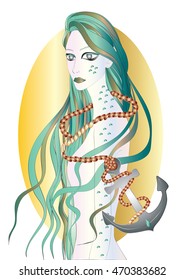 Beautiful siren with long green hair and anchor - vector illustration