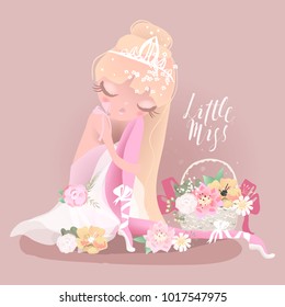 Beautiful sitting ballet girl, ballerina in crown with flowers, floral wreath, bouquet, tied bows and romantic basket. Little Miss lettering