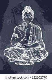 Beautiful sitting Buddha over the blackboard. Vintage chalk. Graphic vector art