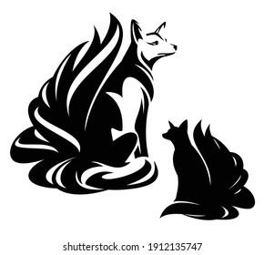 beautiful sitting fox with nine tails black and white vector outine and silhouette - japanese kitsune or korean kumiho portrait