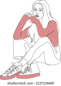 Beautiful sitting girl in sneakers and casual clothes. Minimalistic linear illustration with bright and colored spots.