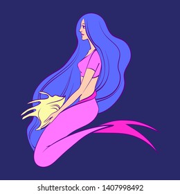 Beautiful sitting mermaid with shell in her hands. Vector cartoon magic young girl undersea illustration, fantastic creature isolated on blue background.