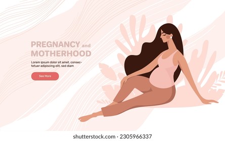 Beautiful sitting pregnant woman on a pink background with a plant, the concept of modern motherhood and family. Pregnancy, goods for preparation for childbirth. Vector banner.