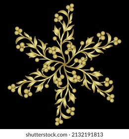 Beautiful six point star design with floral motifs. Branches with leaves and berries. Golden glossy silhouette on black background.