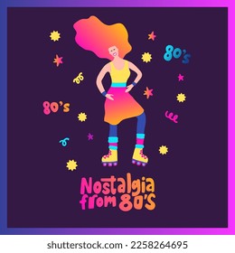 Beautiful skater girl funky poster. Skating lifestyle 80s isolated colorful drawing party activity
