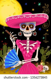 Beautiful skeleton of a woman. Day of the Dead design. Mexican holiday greeting card