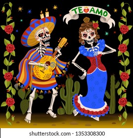 Beautiful skeleton of a woman and a man. Day of the Dead design. Skeleton Dance poster. Te amo is I love you in Spanish. Mexican people