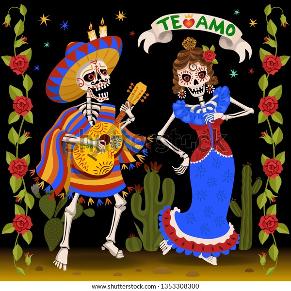 女と男の美しい骸骨 デッドデザインの日 スケルトンダンスのポスター テ アモはスペイン語で君を愛している メキシコ党 のベクター画像素材 ロイヤリティフリー