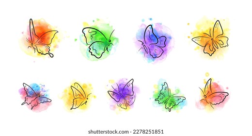 Beautiful sketch calligraphic outlines of butterflies in various positions, against colorful aquarelle spots with splashes. Collection of graffiti design elements for various prints and decoration