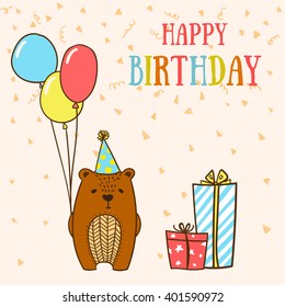 Beautiful sketch with cute and funny cartoon bear with a balloon. Happy birthday card. Vector illustration.