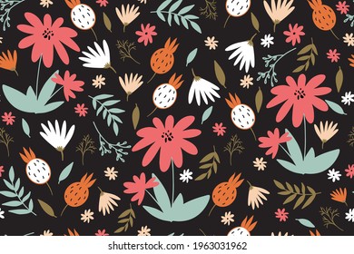 Beautiful sketch design template with floral seamless pattern hand-on Abstract floral seamless pattern. Colorful floral seamless vintage style pattern on a black background.