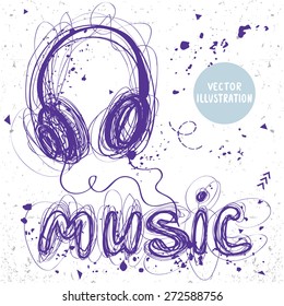 beautiful sketch doodle headphones and word music of sloppy lines