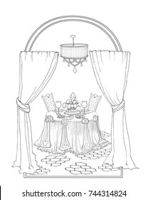 Beautiful sketch drawing of vector lines for table set and laid for a couple in love,  marriage, a celebration for two, furniture an interior table, chairs, curtains, outside the window like rainbow