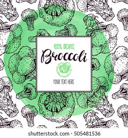 Beautiful sketch frame with broccoli on a green watercolor background. hand-drawn illustration