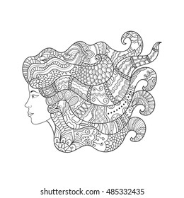 Beautiful sketch girl with long hair, ornamental pattern. Zen-doodle art for coloring book page, tattoo design, isolated element on a white background. Hand drawn vector illustration