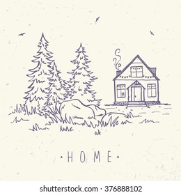 Beautiful sketch with beautiful house and spruce. Hand drawn sketch. Stylish vector illustration