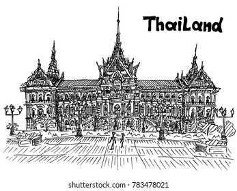 beautiful sketch of a palace in Thailand vector work black on a white background