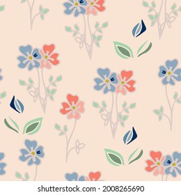 Beautiful sketch pattern with colorful naive floral pattern on pink background. Vector illustration with a clipping mask. Botanical print. Wedding floral. 