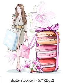 Beautiful sketch set: fashion woman with shopping bags, sweet cute macarons with bow and flowers. Vector illustration.