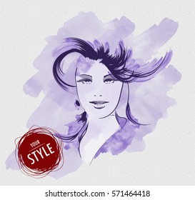 Beautiful sketch woman profile in the style of watercolor paintings.