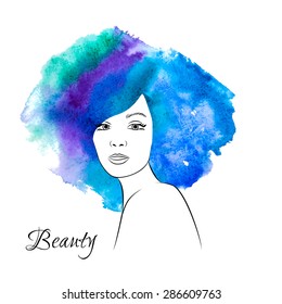 Beautiful sketch woman profile with watercolor hair isolated on background. Vector version