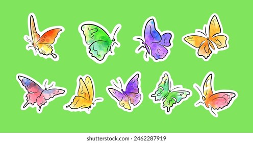 Beautiful sketchy calligraphic outlines of butterflies, ink and watercolor. Editable sticker sheet