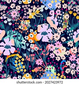 Beautiful sketchy patten with garden flowers. Summer textile collection.