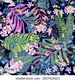 Beautiful sketchy patten with garden flowers and tropical leaves. Summer textile collection.