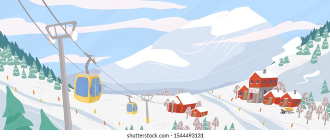 Beautiful ski resort flat vector illustration. Mountain winter landscape with chairlift for downhill skiing, snowboarding and extreme sports. Seasonal recreation spot. Active lifestyle concept.