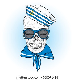 A beautiful skull in the sailor's clothes. Vector illustration. Human skull in clothes and accessories. A sailor in a cap and tie.